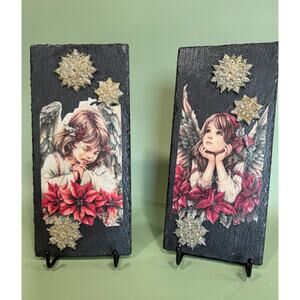 Priced Reduced Angel Decoupage on Slate Pair with Stands Christmas Cottagecore